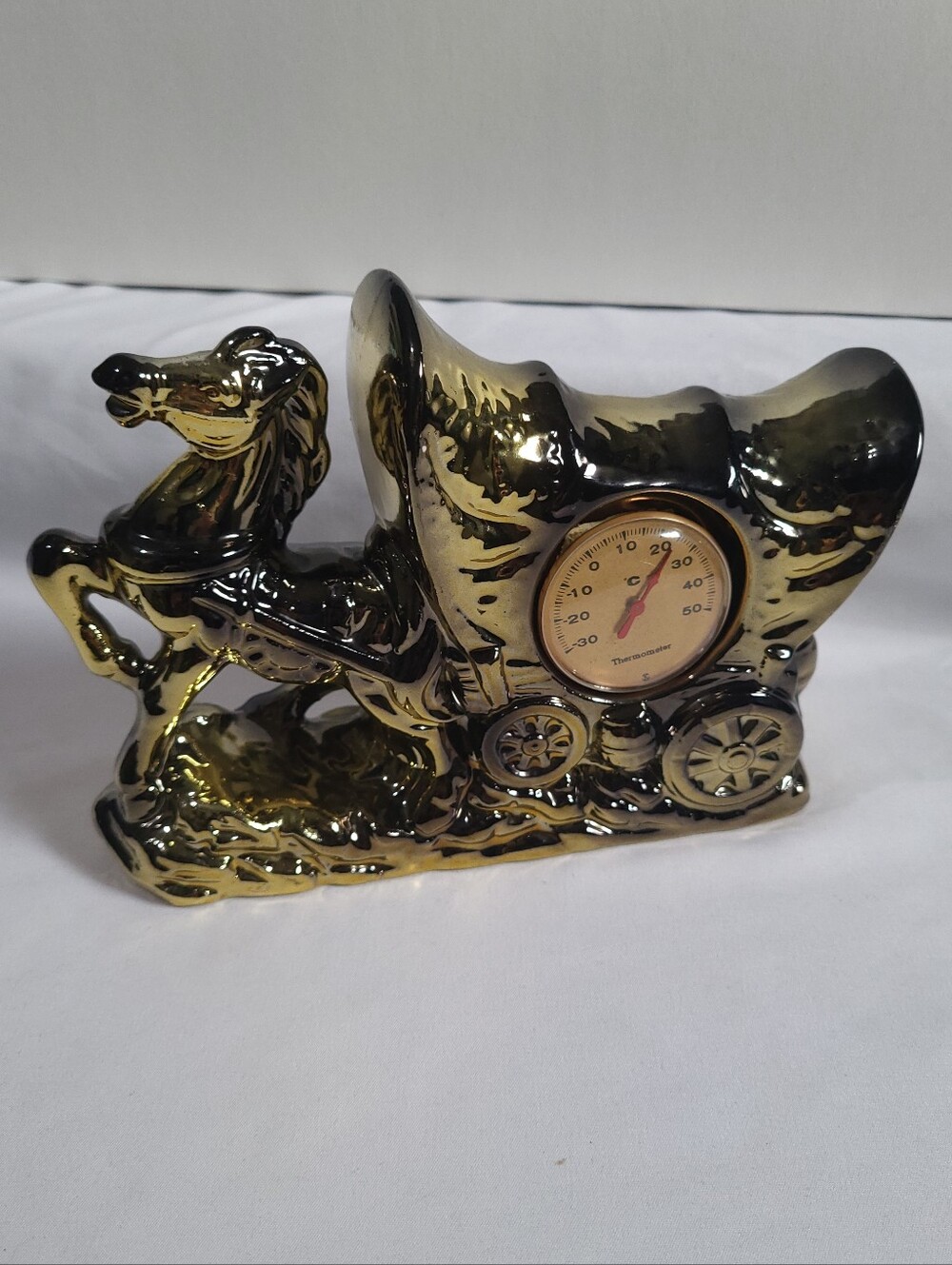 Vintage Japan Ceramic Covered Wagon Horse Thermometer Figurine